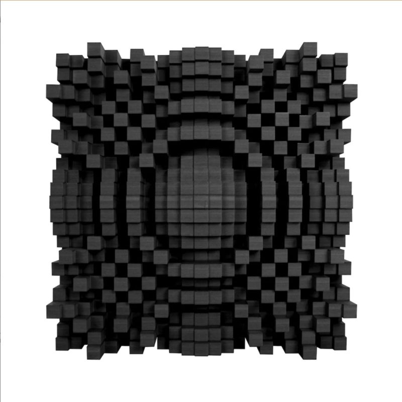 Pannello_Diffusore_QRD_Basic_2D_Skyline_02 Diffusore acustico Skyline nero visto di fronte: blocchetti quadrati a diverse altezze in schema simmetrico