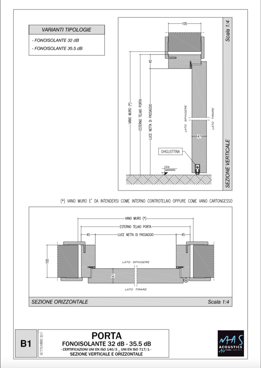 Disegno tecnico porta acustica fonoisolante in legno