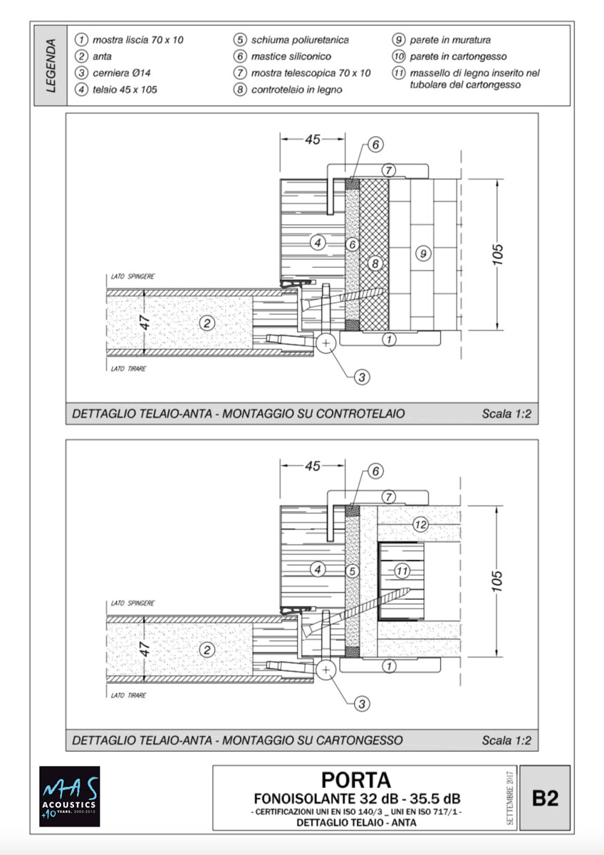 Disegno tecnico porta acustica fonoisolante in legno