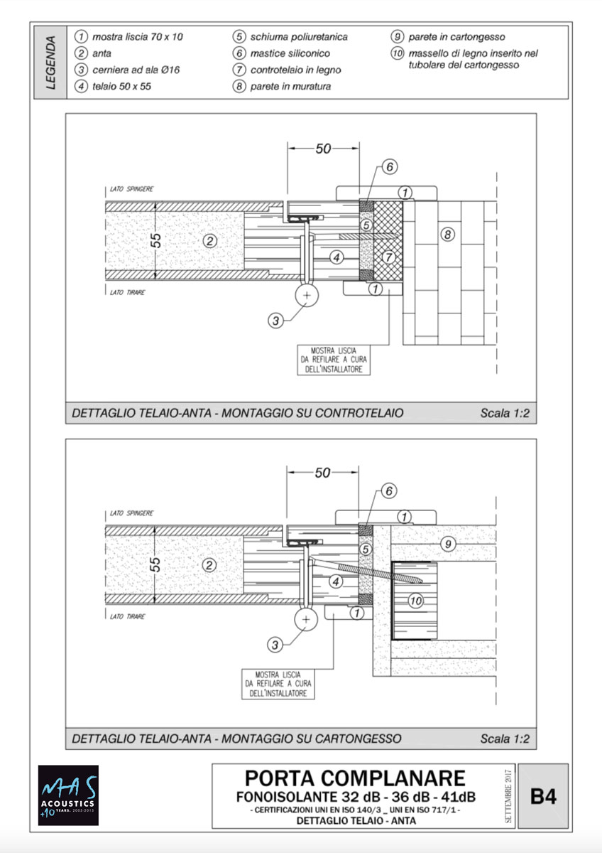 Disegno tecnico porta acustica fonoisolante in legno