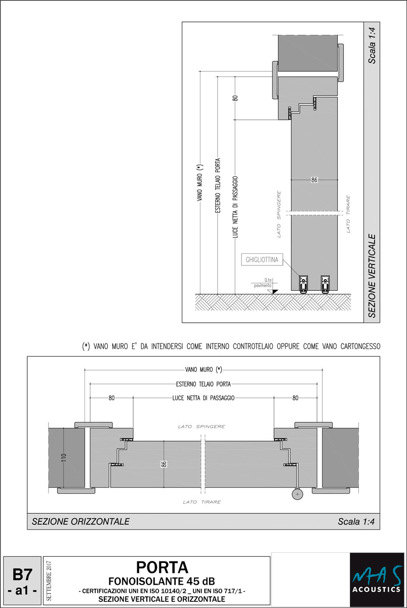 Disegno tecnico porta acustica fonoisolante in legno