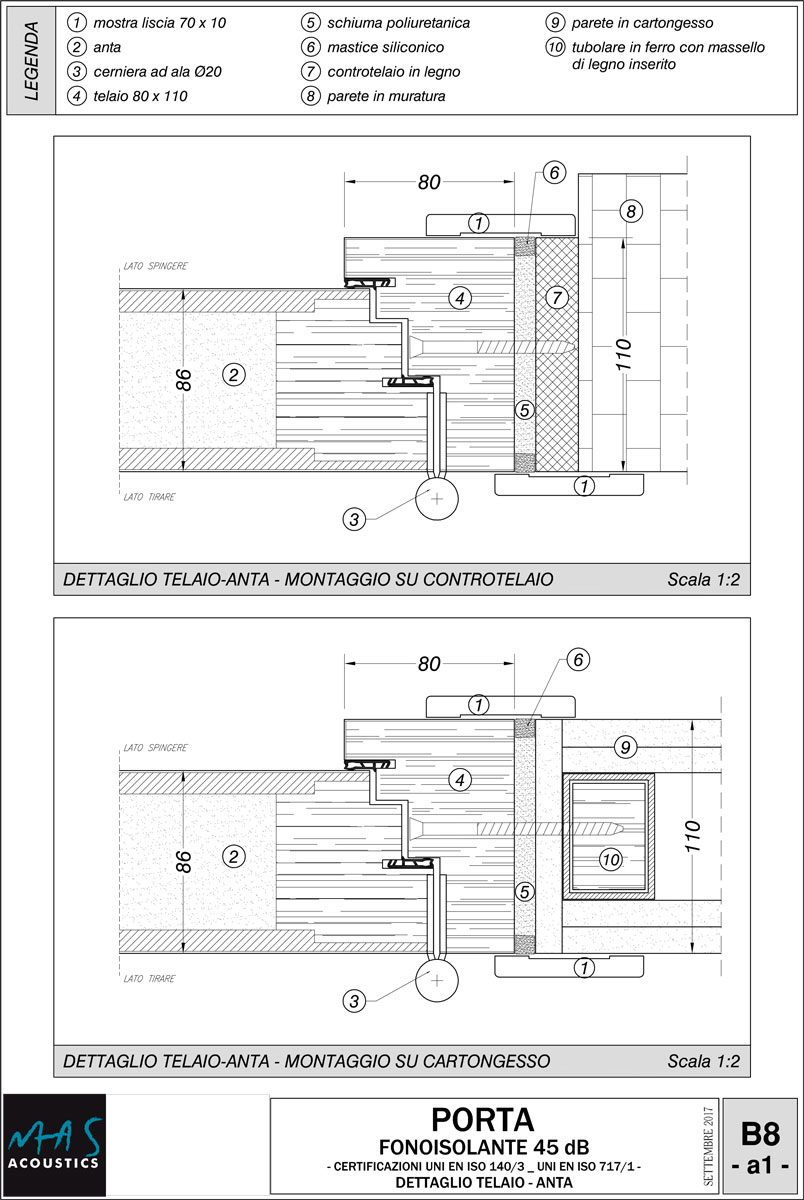 Disegno tecnico porta acustica fonoisolante in legno