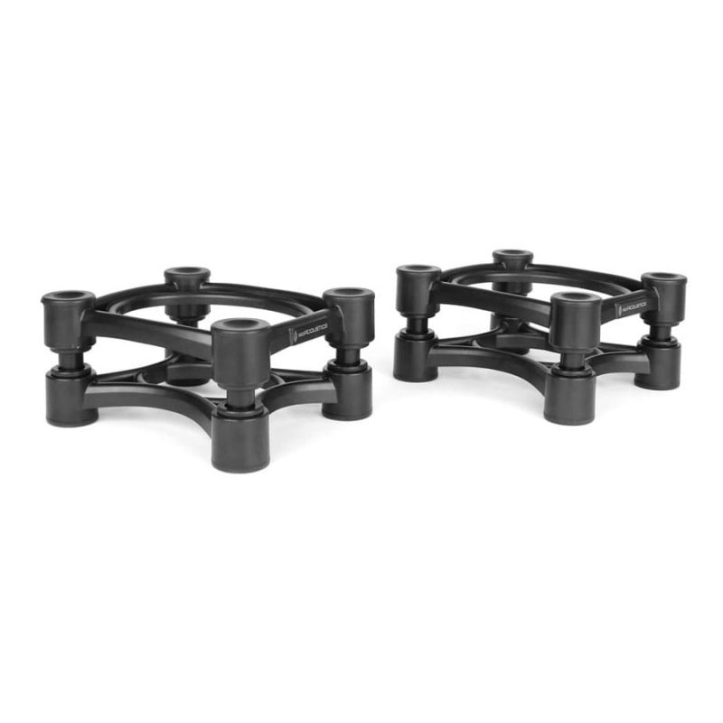 Coppia di supporti disaccoppianti IsoAcoustics neri a profilo basso, quattro colonnine in gomma ciascuno