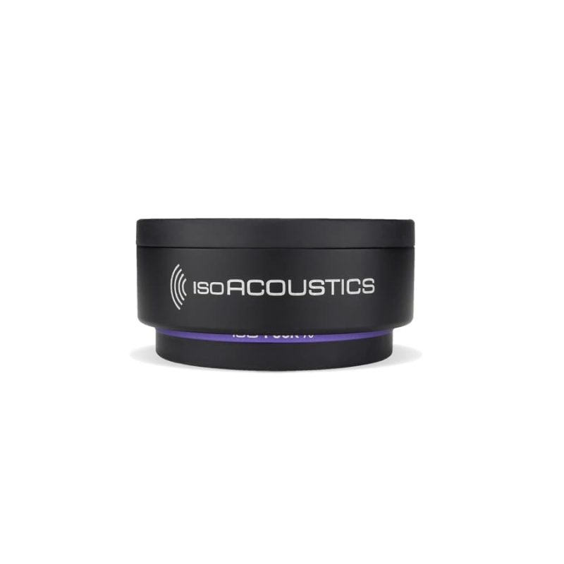 Piedino disaccoppiante nero IsoAcoustics dal corpo largo, con anello viola alla base
