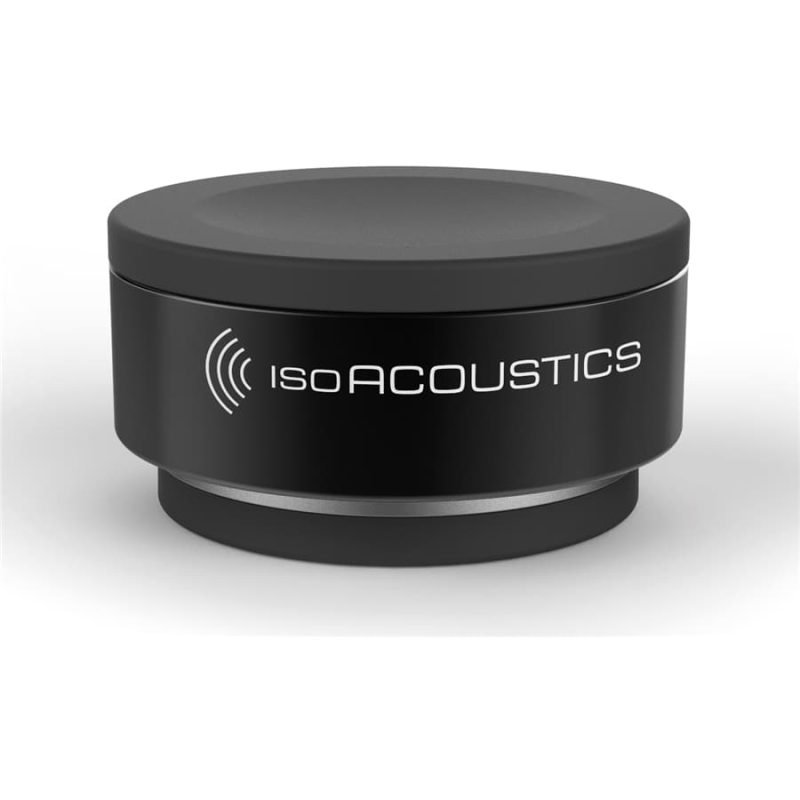 Piedino disaccoppiante cilindrico nero IsoAcoustics con anello argentato alla base, visto da vicino