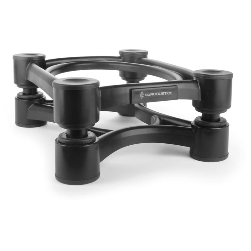Supporti_disaccoppianti_Isoacoustics_ISO-200-SUB_15900053_b Supporto disaccoppiante IsoAcoustics nero singolo, ripreso da vicino sui quattro isolatori cilindrici