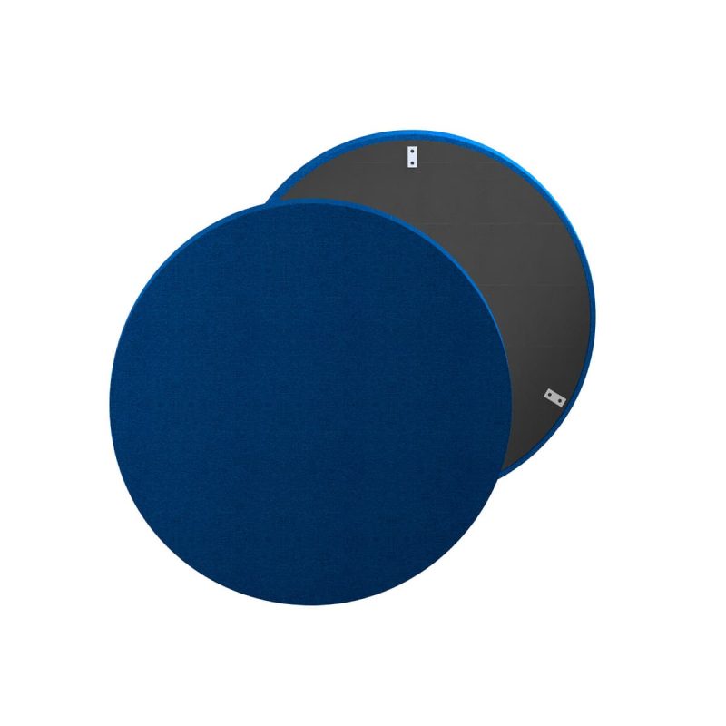 Pannelli_fonoassorbenti_Phonolook_Solution_Cerchio_003 Due pannelli circolari: uno con la faccia in tessuto blu, l'altro girato a mostrare il retro grigio scuro