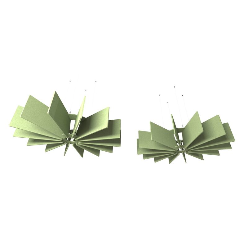 Composizione_Fonoassorbente_Autex_LATTICE_Torus_Acros Due composizioni sospese a raggiera, pale in feltro di poliestere verde salvia agganciate a cavi