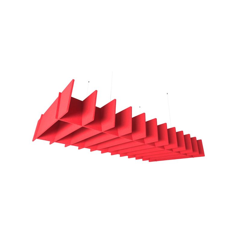 Composizione di moduli fonoassorbenti trapezoidali sospesi in poliestere, colore Ironbank