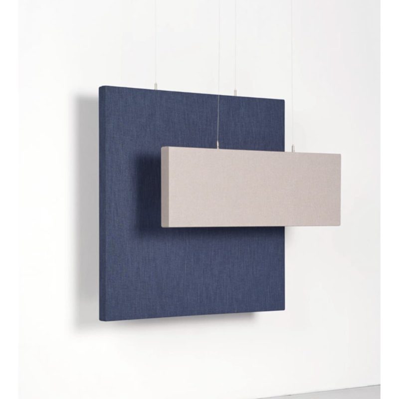 Pannelli fonoassorbente Fonoquadro. Pannelli artigianali in fibra di poliestere con telaio in metallo e rivestiti in stoffa. Disponibili in diverse misure e forme. Certificati per la reazione al fuoco e criteri CAM.