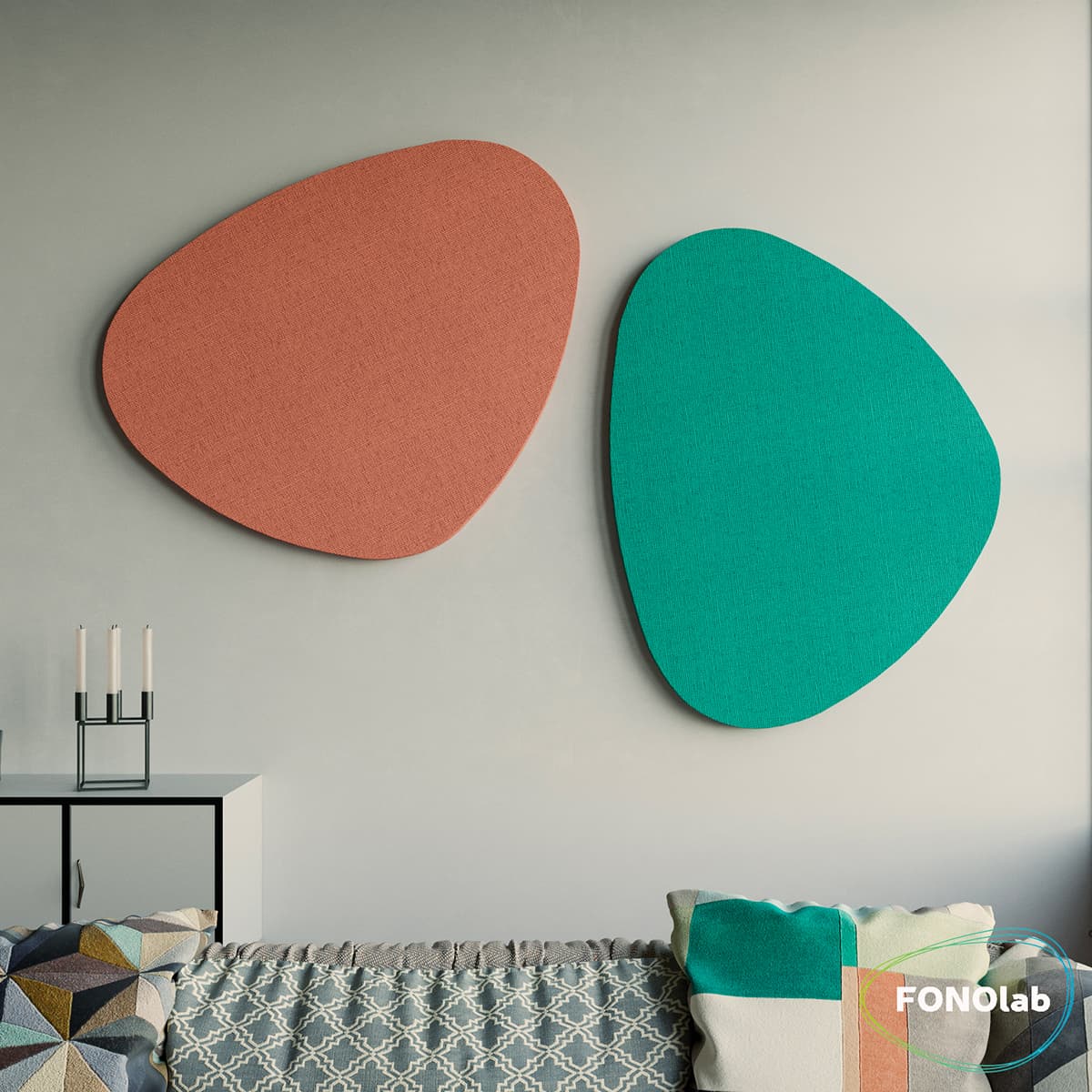 Pannelli fonoassorbente Fonoquadro. Pannelli artigianali in fibra di poliestere con telaio in metallo e rivestiti in stoffa. Disponibili in diverse misure e forme. Certificati per la reazione al fuoco e criteri CAM.