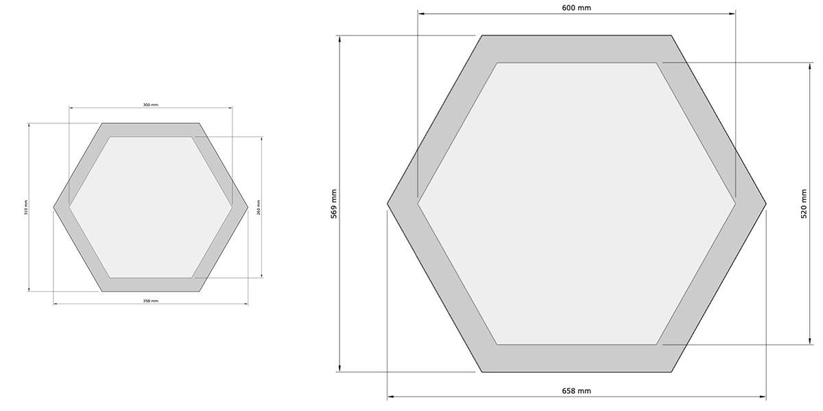 Pannelli_fonoassorbenti_Feltro-Esagono_Misure_pannello Pannelli fonoassorbenti Feltro. Immagine dimensioni. Pannelli realizzati con Feltro ad alta densità accoppiato con Melamina Basptect