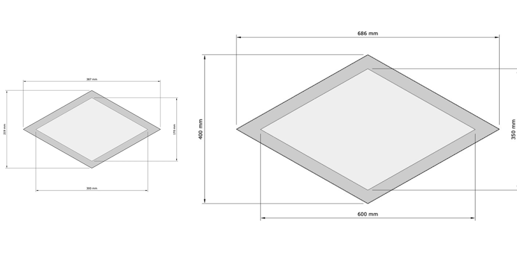 Pannelli fonoassorbenti Feltro. Immagine dimensioni. Pannelli realizzati con Feltro ad alta densità accoppiato con Melamina Basptect