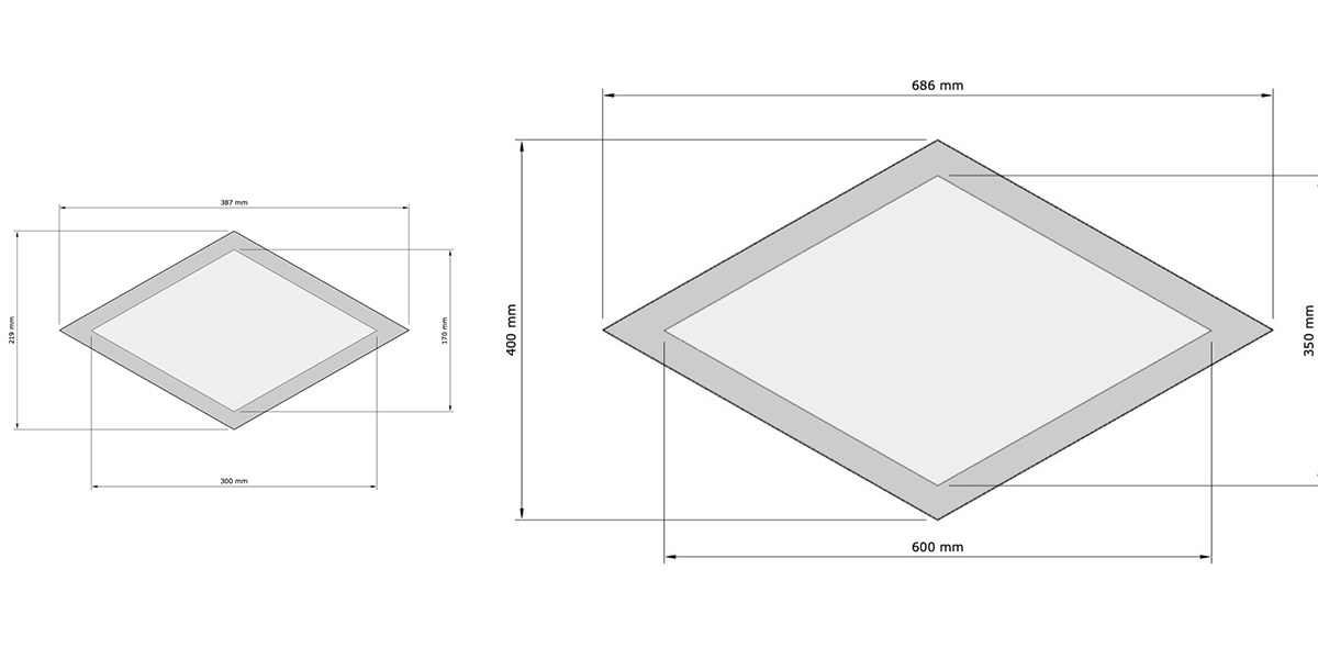 Pannelli_fonoassorbenti_Feltro-Rombo_Misure_pannello Pannelli fonoassorbenti Feltro. Immagine dimensioni. Pannelli realizzati con Feltro ad alta densità accoppiato con Melamina Basptect
