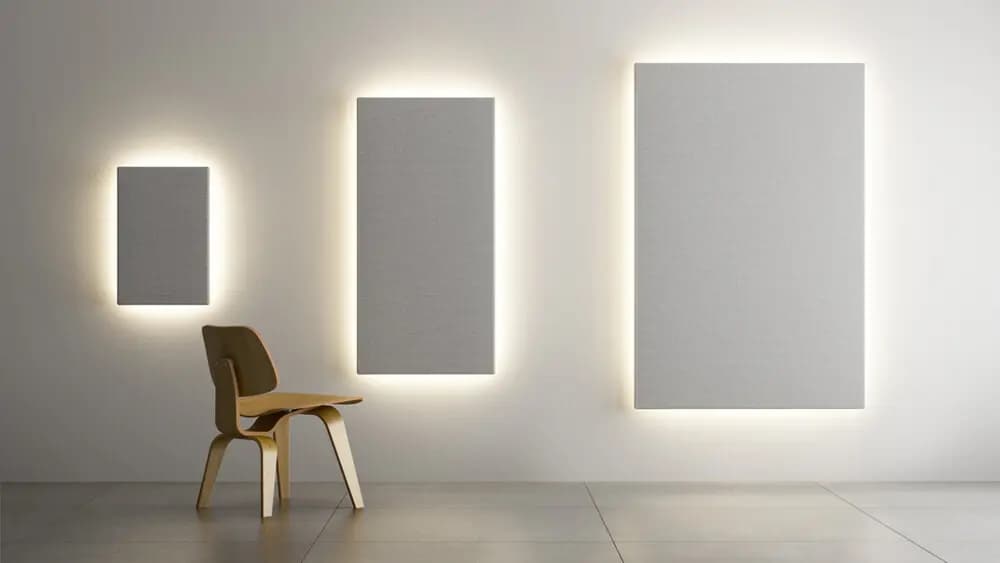 Pannello_fonoassorbente_Artigianle_QUARTETTO-a-parete-rettangolare-con-illuminazione-1 Pannello fonoassorbente Artigianale Quartetto