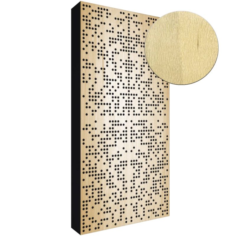 01-Natural-Pannello_Ibrido_Fonoassorbente_Diffusore_NUMERIC10.jpg Pannello NUMERIC in legno chiaro con fori tondi a densità variabile e dettaglio della finitura Natural