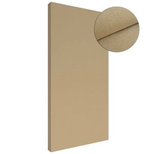 Pannello rettangolare rivestito in tessuto color camel, con dettaglio ingrandito della trama fonotrasparente