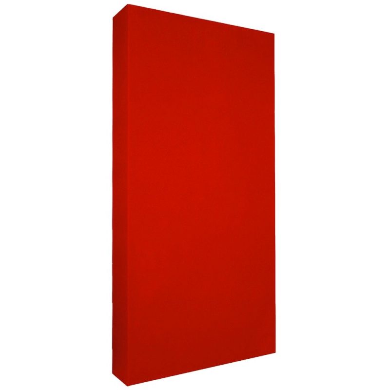 17-Red-SMART-100-Pro-pannelli-fonoassorbenti-min.jpg Pannello fonoassorbente rettangolare rosso a forte spessore, ripreso di tre quarti su fondo bianco
