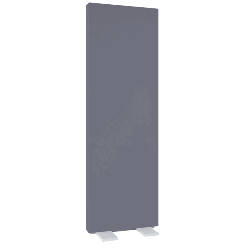 23-Dark-grey_SMART_WALL.png Pannello fonoassorbente rettangolare rivestito in tessuto grigio scuro, in piedi su due basi metalliche chiare