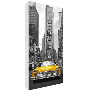 Pannello fonoassorbente rettangolare con stampa di un taxi giallo a Times Square in bianco e nero