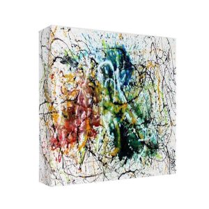 Pannello quadrato fonoassorbente con stampa di un dipinto astratto a schizzi colorati su fondo bianco
