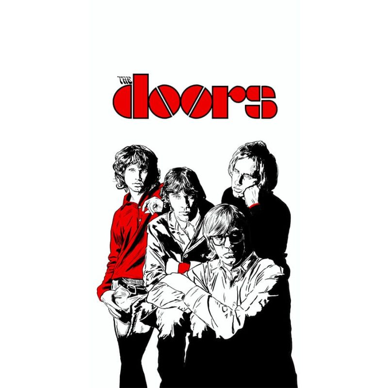 SMART_Rock_Series-Pannelli-fonoassorbenti-Doors.jpg Grafica per pannello acustico: i quattro Doors disegnati in nero con camicia rossa e logo del gruppo
