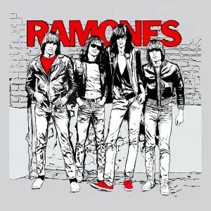 Stampa del pannello fonoassorbente: i quattro Ramones davanti a un muro di mattoni, logo rosso in alto