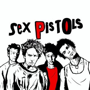 Illustrazione in bianco, nero e rosso dei quattro Sex Pistols stampata sul pannello fonoassorbente