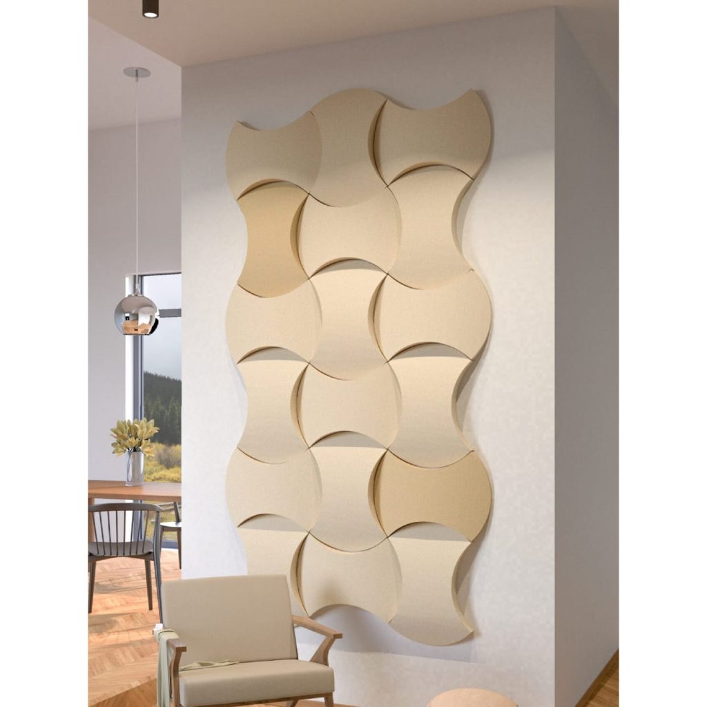 Pannelli fonoassorbenti FORMA POLY Bend installati a parete per il trattamento acustico professionale degli ambienti