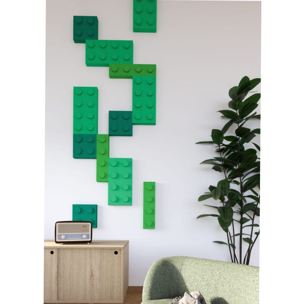 Pannelli fonoassorbenti FORMA POLY Blocks disposti in composizione modulare per il trattamento acustico decorativo