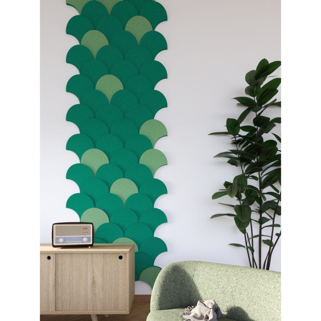 Pannelli fonoassorbenti FORMA POLY Flare installati a parete con design ispirato all'Art Déco per il trattamento acustico