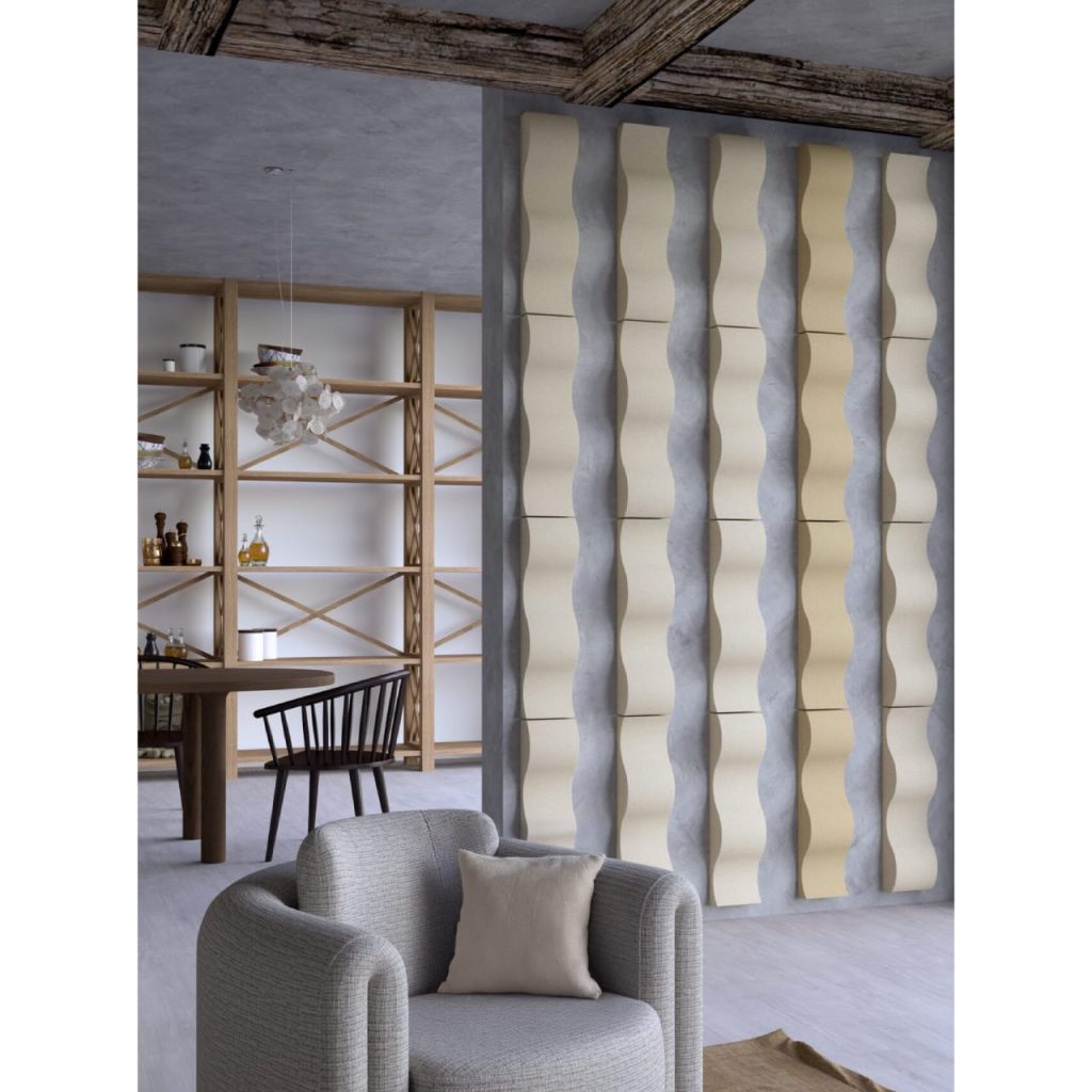 Pannelli fonoassorbenti FORMA POLY Flow con design ondulato per il trattamento acustico fluido degli ambienti