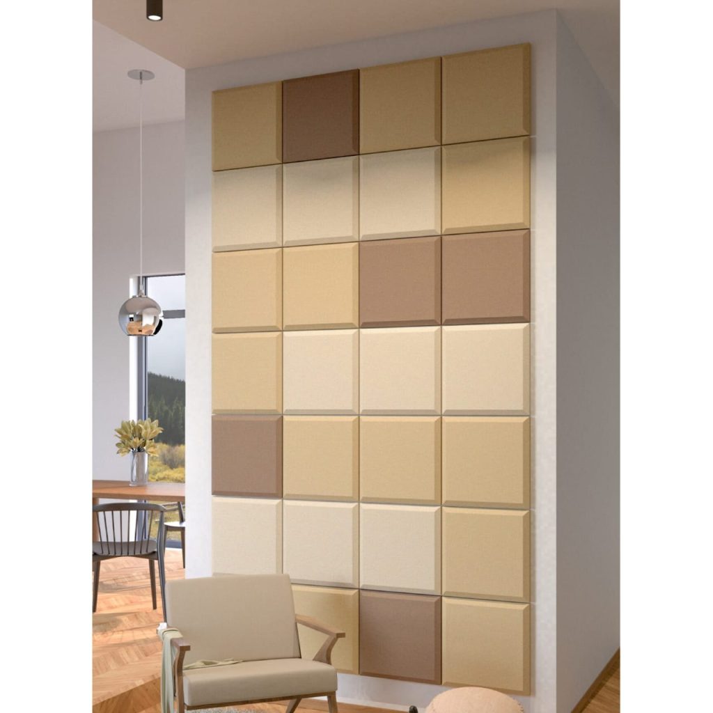 Pannelli fonoassorbenti FORMA POLY Pixel disposti a mosaico per un trattamento acustico creativo e colorato