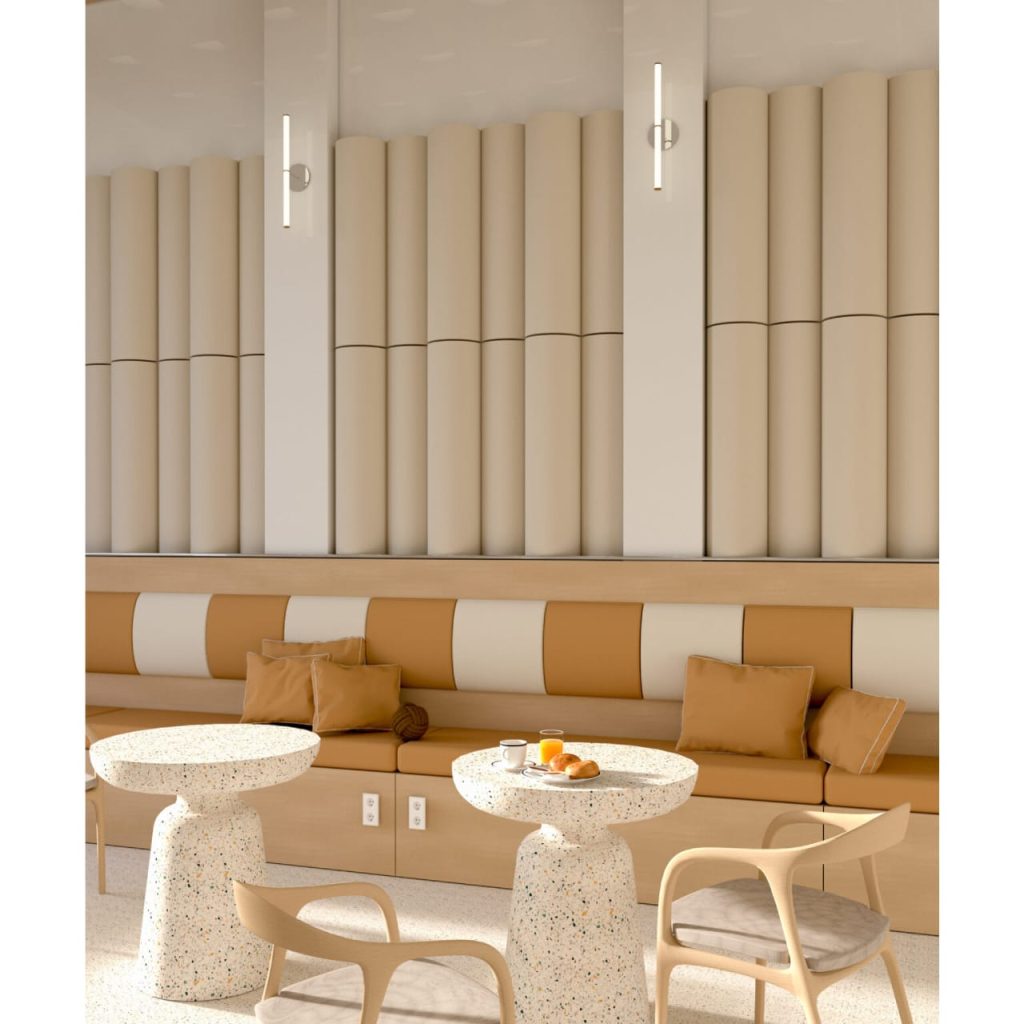 Pannelli fonoassorbenti FORMA POLY Rolls con forma cilindrica per installazione a soffitto e trattamento acustico