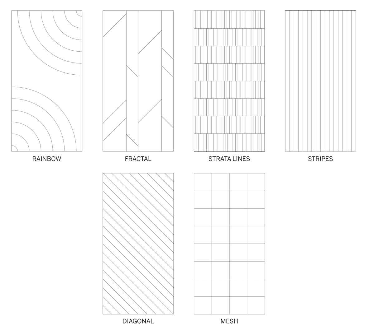 Texfel Echo Groove - schemi pattern Rainbow, Fractal, Strata Lines, Stripes, Diagonal, Mesh