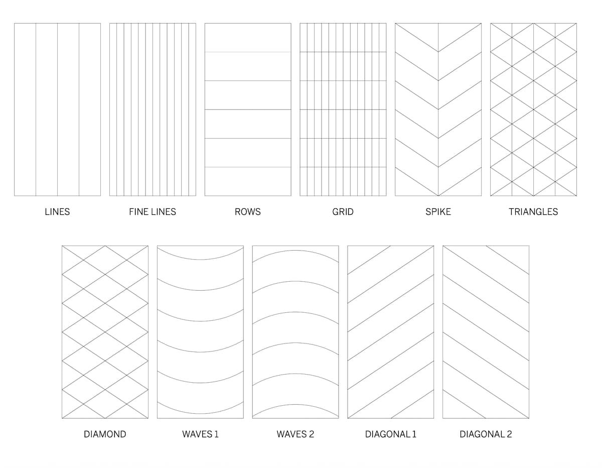 Texfel Echo Groove - schemi pattern Lines, Fine Lines, Rows, Grid, Spike, Triangles, Diamond, Waves, Diagonal