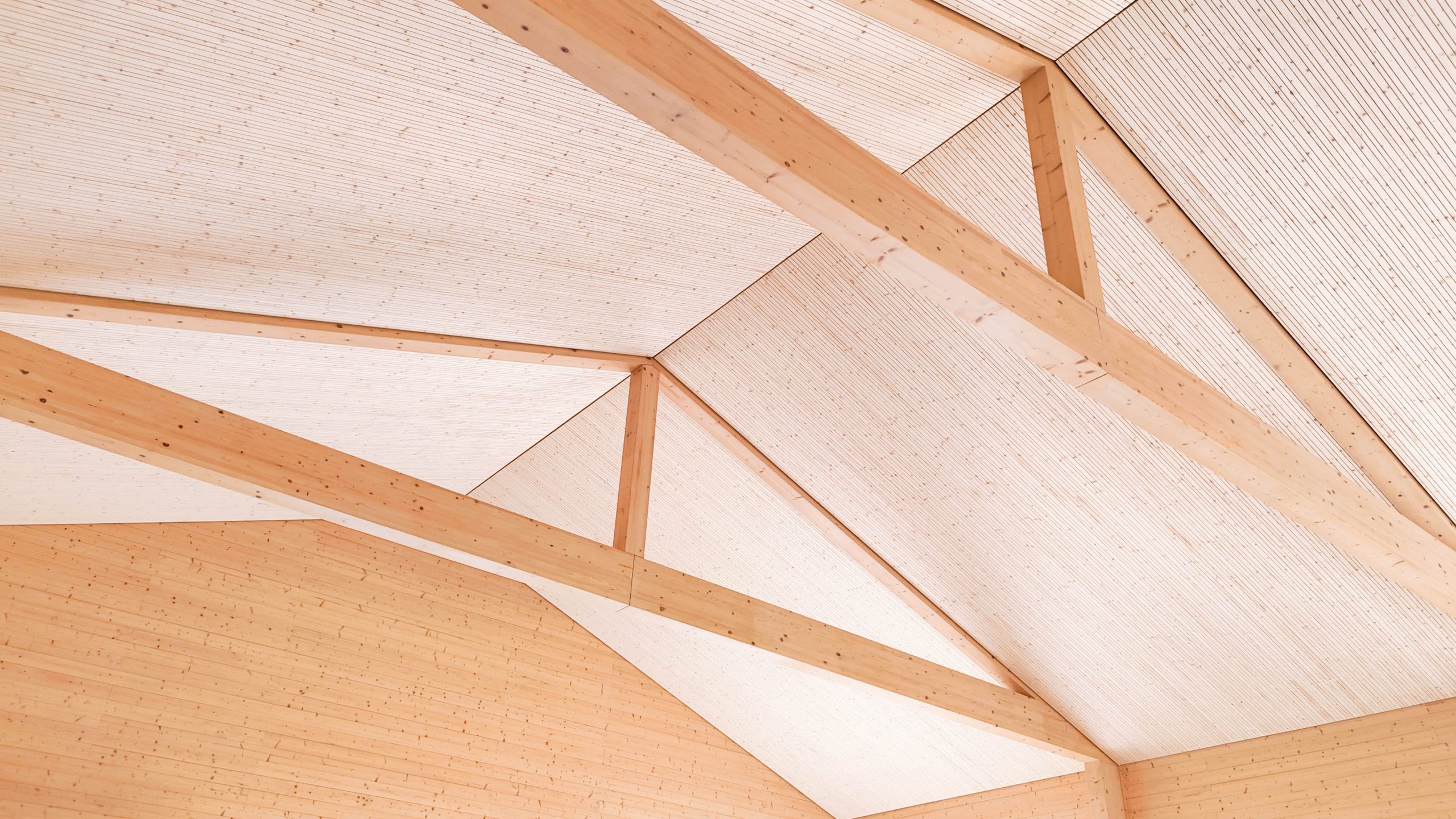 Le capriate in legno del soffitto acustico di Borgo Tignano
