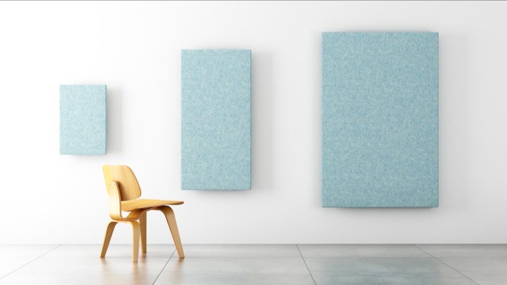 Pannelli fonoassorbenti LvB Quartetto azzurro melange installati a parete nelle tre misure disponibili