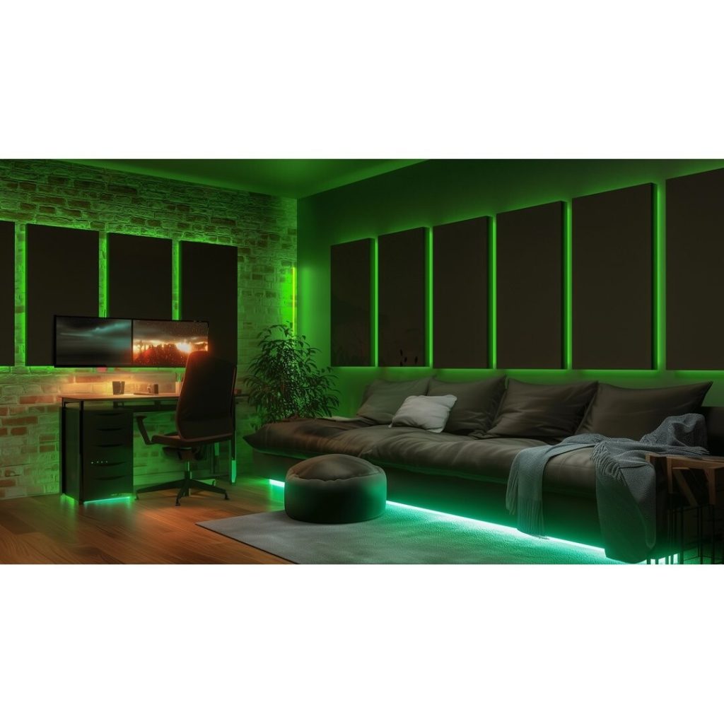 Retroilluminazione LED pannelli fonoassorbenti in verde con Aura LED in una sala gaming