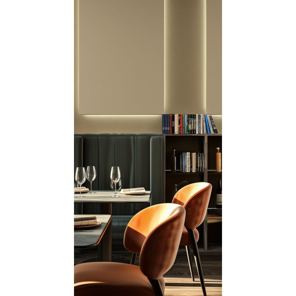 Sala ristorante con luce calda diffusa dietro i rivestimenti a parete