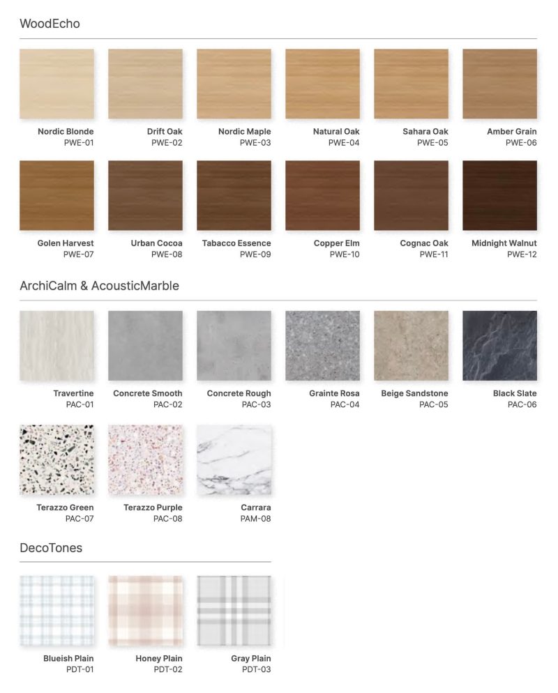Cartella delle 24 fantasie stampate EasySnap: WoodEcho effetto legno, ArchiCalm e AcousticMarble effetto pietra e marmo, DecoTones