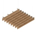 Baffle acustici EasySnap Light Slim con feltro stampato effetto legno installati a soffitto