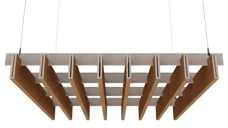 Baffle acustici EasySnap con feltro PET stampato, vista laterale delle doghe