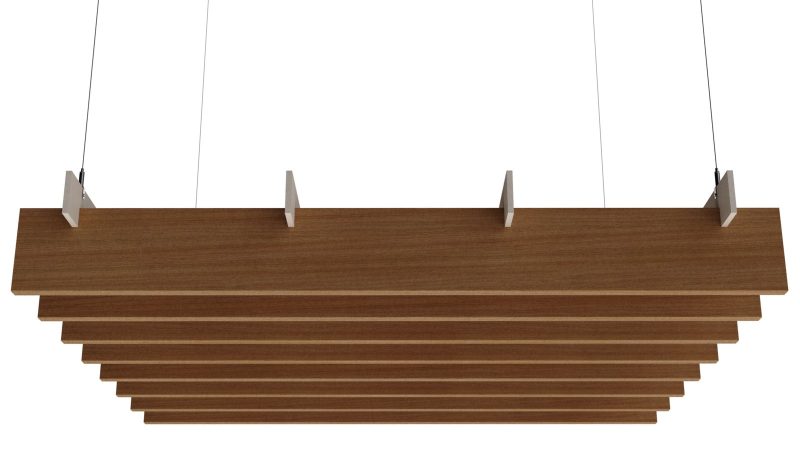 Baffle acustici EasySnap con feltro PET stampato effetto legno, vista prospettica