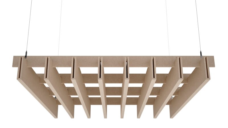 Baffle acustici EasySnap Light Slim visti lateralmente, con il passo fra le doghe