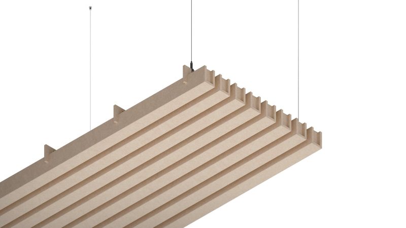 Baffle acustici EasySnap Low installati a soffitto, vista 1