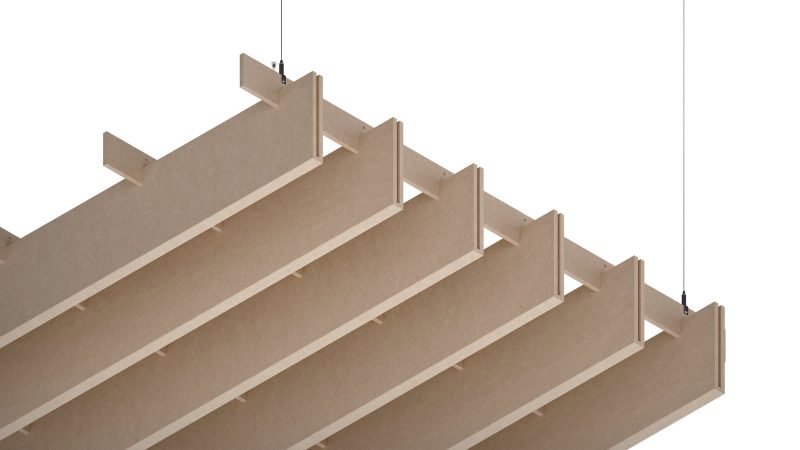 Baffle acustici EasySnap Medium installati a soffitto, vista 1