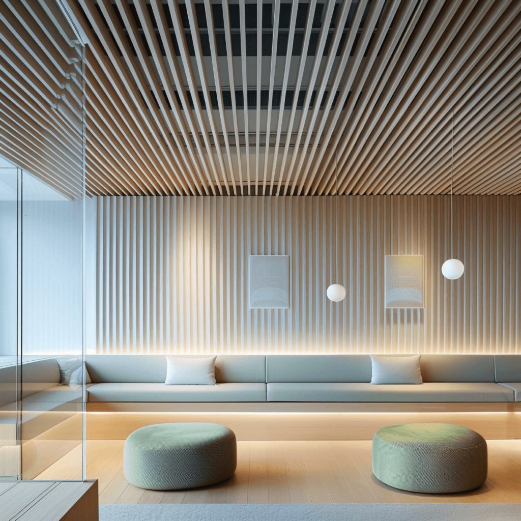 Doghe acustiche EasySnap in feltro PET a soffitto di unarea lounge con seduta continua