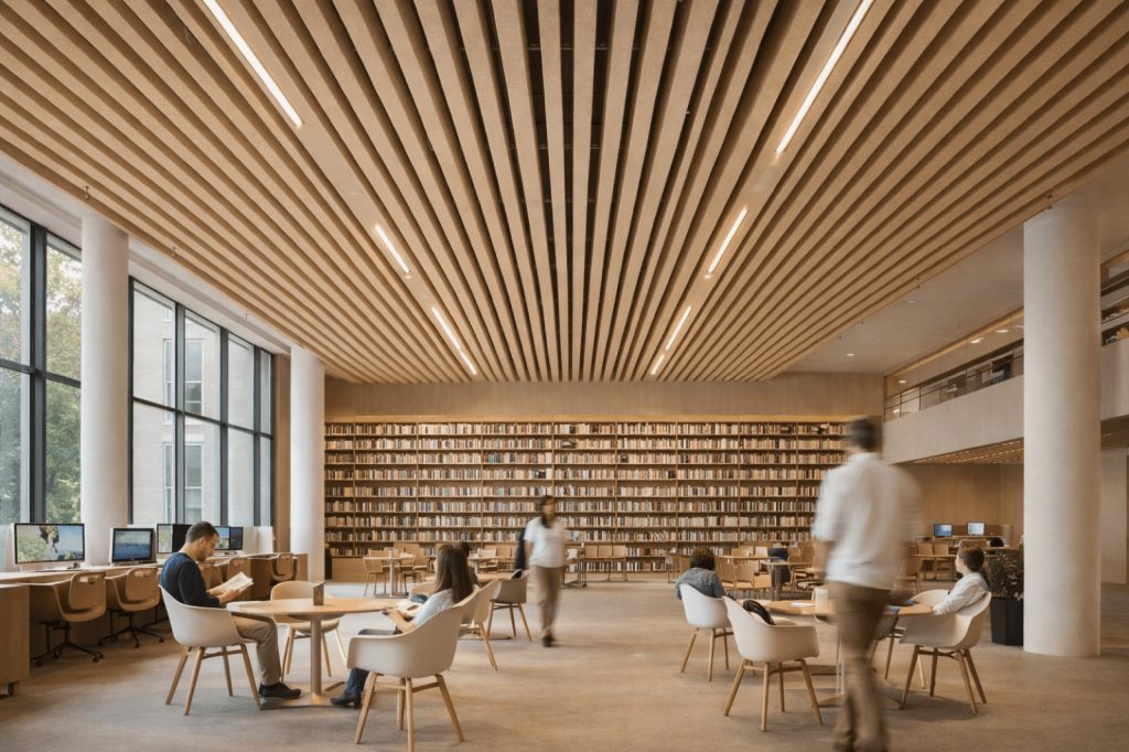 Soffitto a doghe acustiche EasySnap in feltro PET in una biblioteca con sala lettura