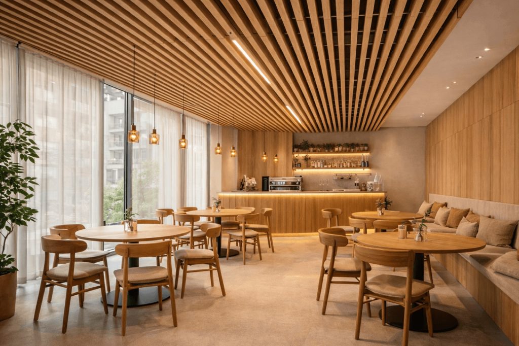 Doghe acustiche EasySnap in feltro PET sul soffitto di una caffetteria con tavoli e bancone